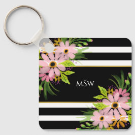 Black White Striped Floral Gold Specialized Sleutelhanger