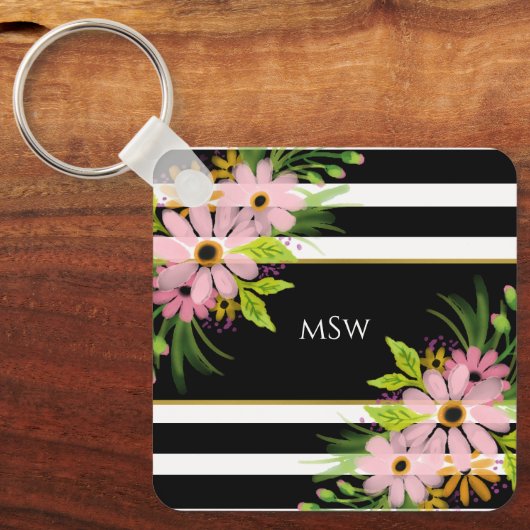 Black White Striped Floral Gold Specialized Sleutelhanger (Voorkant)