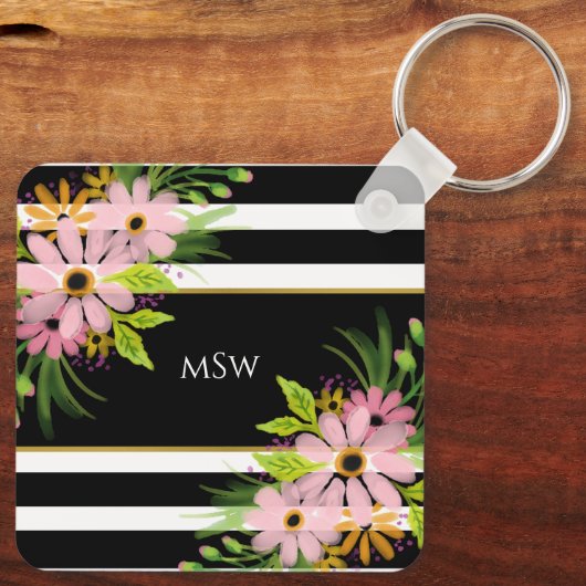 Black White Striped Floral Gold Specialized Sleutelhanger (Achterkant)