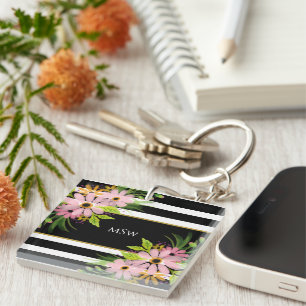 Black White Striped Floral Gold Specialized Sleutelhanger