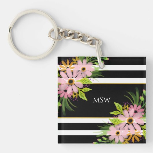 Black White Striped Floral Gold Specialized Sleutelhanger (Voorkant)