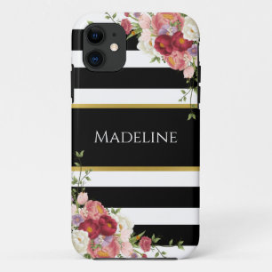 Black White Striped Floral Gold   Stijlvol Case-Mate iPhone Case