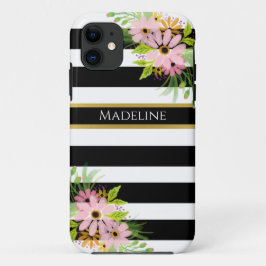 Black White Striped Floral Gold | Stijlvol iPhone 16 Hoesje