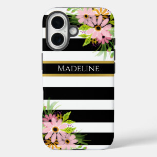 Black White Striped Floral Gold   Stijlvol iPhone 16 Hoesje