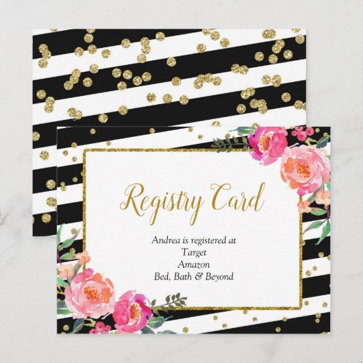 Black White Striped Floral Registry Card Uitnodiging Briefkaart (Voorkant / Achterkant)