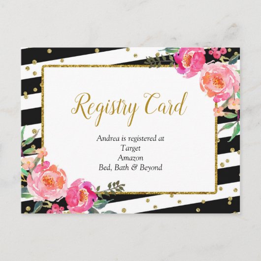 Black White Striped Floral Registry Card Uitnodiging Briefkaart (Voorkant)