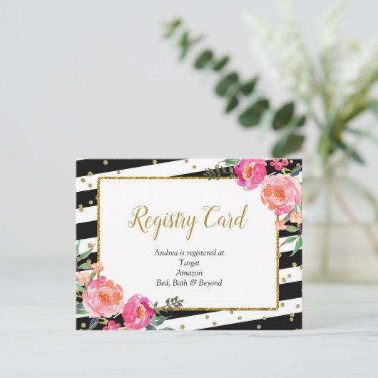 Black White Striped Floral Registry Card Uitnodiging Briefkaart (Staand voorkant)