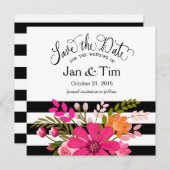 Black White Striped Flowers Save the Date fuchsia (Voorkant / Achterkant)
