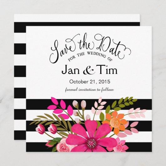 Black White Striped Flowers Save the Date fuchsia (Voorkant / Achterkant)