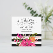 Black White Striped Flowers Save the Date fuchsia (Staand voorkant)
