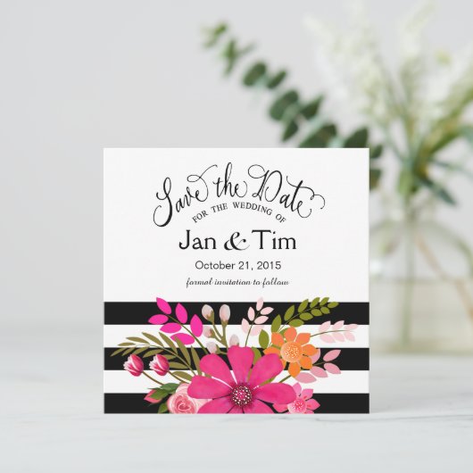 Black White Striped Flowers Save the Date fuchsia (Staand voorkant)