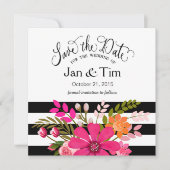 Black White Striped Flowers Save the Date fuchsia (Voorkant)