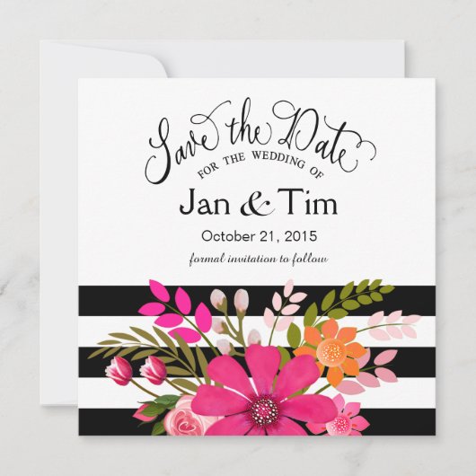 Black White Striped Flowers Save the Date fuchsia (Voorkant)