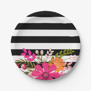 Black & White Striped Folklore Flowers   fuchsia Papieren Bordje