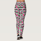 Black White Striped Fun Hot Pink Waterverf Floral Leggings (Achterkant)