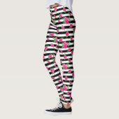 Black White Striped Fun Hot Pink Waterverf Floral Leggings (Links)