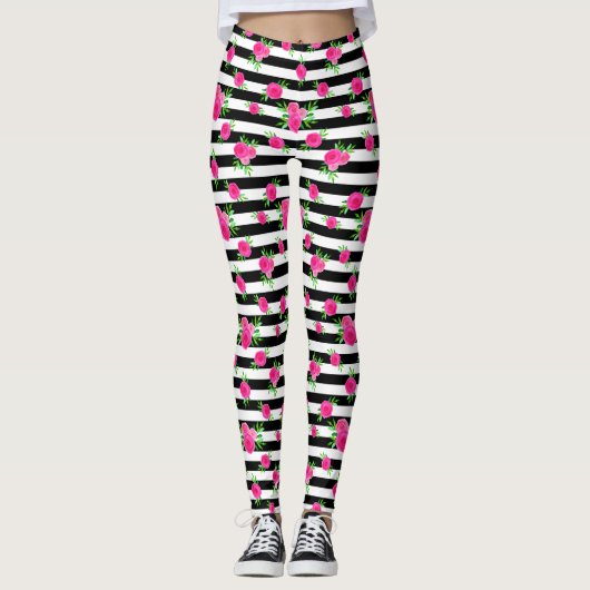Black White Striped Fun Hot Pink Waterverf Floral Leggings (Voorkant)