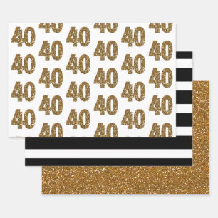 Black White Striped Gold Glitter 40th Birthday Inpakpapier Vel