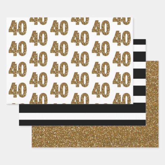 Black White Striped Gold Glitter 40th Birthday Inpakpapier Vel (Set)