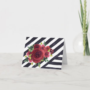 Black & White Striped Note Card met Red Flowers Notitiekaartje