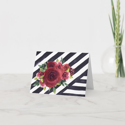 Black & White Striped Note Card met Red Flowers Notitiekaartje (Voorkant)