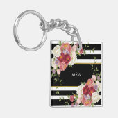 Black White Striped Peonies & Gold Persoonlijk Sleutelhanger (Voorkant Links)