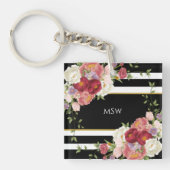 Black White Striped Peonies & Gold Persoonlijk Sleutelhanger (Voorkant)