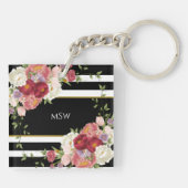 Black White Striped Peonies & Gold Persoonlijk Sleutelhanger (Achterkant)