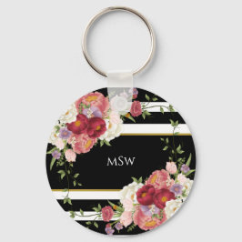 Black White Striped Peonies & Gold Persoonlijk Sleutelhanger