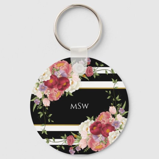 Black White Striped Peonies & Gold Persoonlijk Sleutelhanger (Voorkant)
