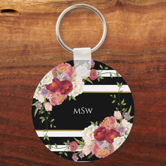 Black White Striped Peonies & Gold Persoonlijk Sleutelhanger (Achterkant)