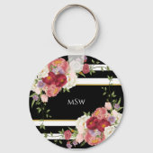 Black White Striped Peonies & Gold Persoonlijk Sleutelhanger (Achterkant)