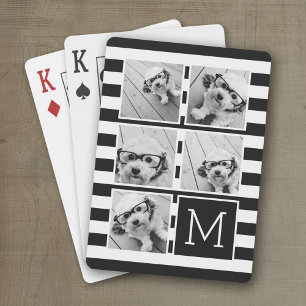 Black White Striped Photo Collage Custom Monogram Pokerkaarten