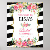 Black White Striped Pink Floral welkomstteken Poster (Voorkant)
