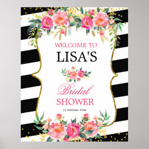 Black White Striped Pink Floral welkomstteken Poster