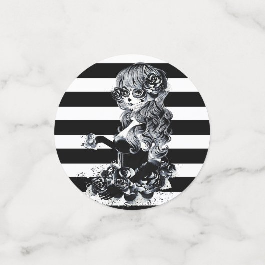 Black & White Striped Pretty Sugar Skull Girl Confetti (Kleine voorkant)