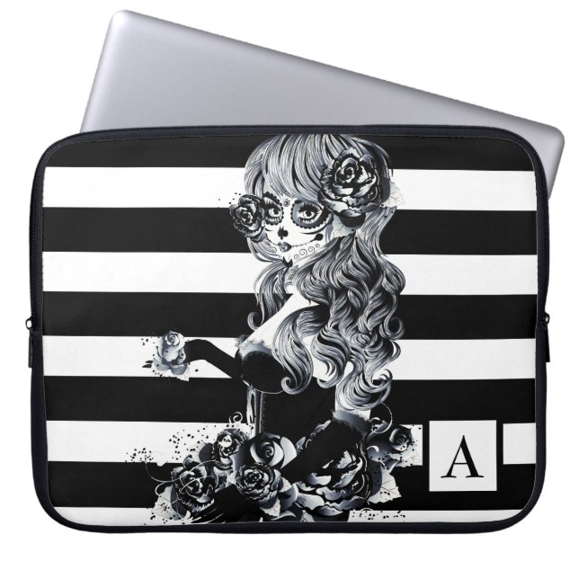 Black & White Striped Pretty Sugar Skull Girl Laptop Sleeve (Voorkant)