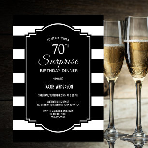 Black White Striped Surprise 70th Birthday Dinner Kaart