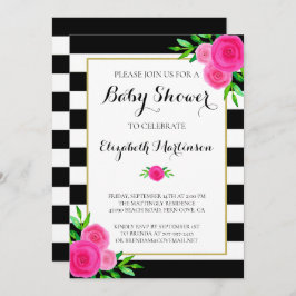 Black White Striped Waterverf Floral Baby shower Kaart