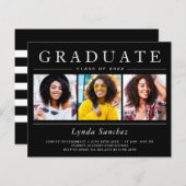 Black White Stripes 3 Photo Graduation Invitations (Voorkant / Achterkant)