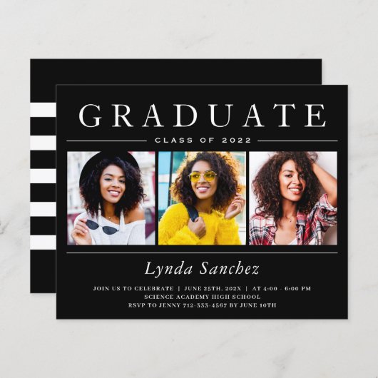 Black White Stripes 3 Photo Graduation Invitations (Voorkant / Achterkant)
