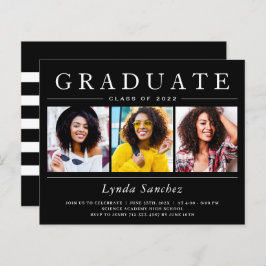 Black White Stripes 3 Photo Graduation Invitations