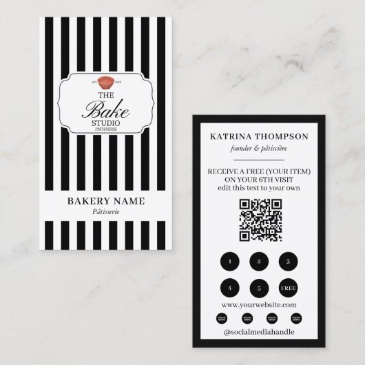 Black White Stripes Bakery Logo Loyalty Punch Visitekaartje (Voorkant / Achterkant)