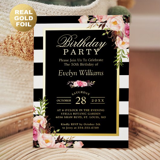 Black White Stripes Blush Floral Birthday Party Folie Uitnodiging