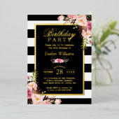 Black White Stripes Blush Floral Birthday Party Folie Uitnodiging (Staand Voorkant)
