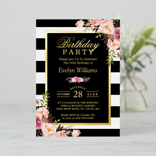 Black White Stripes Blush Floral Birthday Party Folie Uitnodiging (Staand Voorkant)