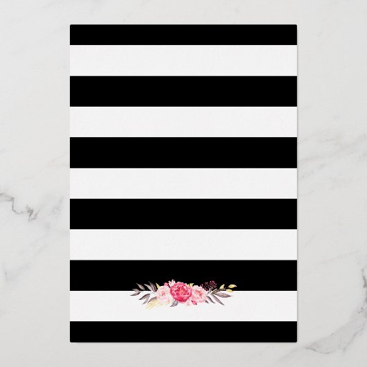 Black White Stripes Blush Floral Birthday Party Folie Uitnodiging (Achterkant)