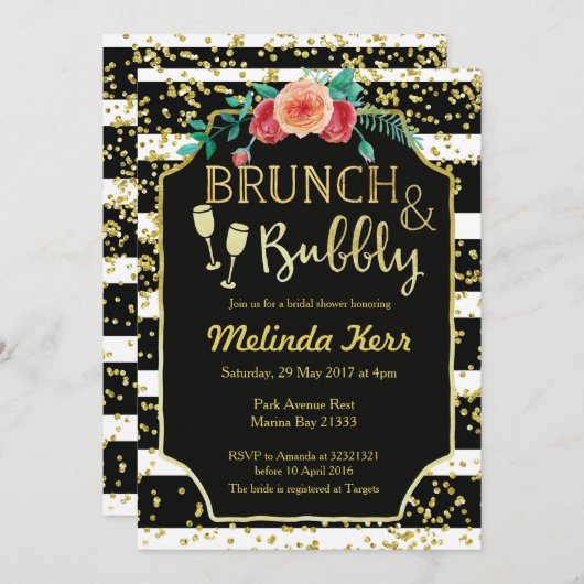 Black & White Stripes brunch en Bubbly uitnodiging (Voorkant / Achterkant)