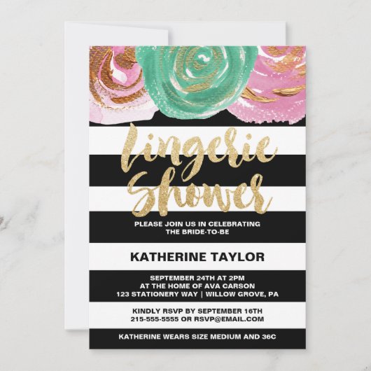 Black White Stripes en Gold Text Lingerie Shower Kaart (Voorkant)