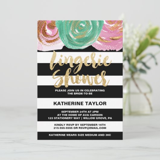 Black White Stripes en Gold Text Lingerie Shower Kaart (Staand voorkant)